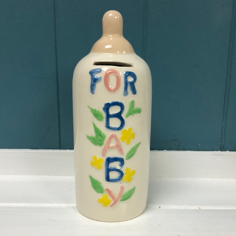 Vintage Signed 1979‎ hand painted FOR BABY 7” baby bottle piggy money coin bank